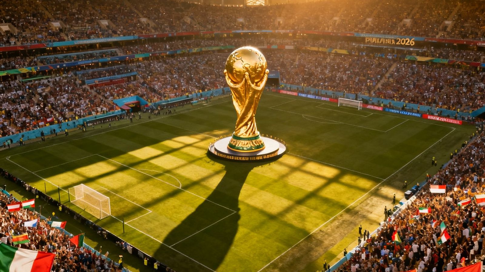 2026世界杯主体育场全景鸟瞰图，绿茵场中央摆放着巨型世界杯奖杯模型，看台上坐满挥舞国旗的球迷，阳光洒在草皮上形成明暗交错的光影。